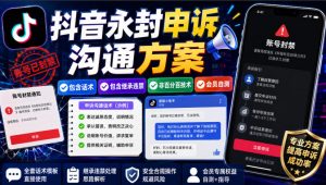 抖音永封申诉沟通方案，包含话术，包含继承违禁，非百分百技术，会员自测-沧海聊项目