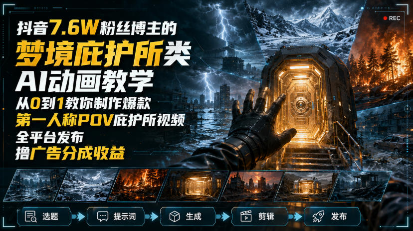 抖音7.6W粉丝博主的梦境庇护所类AI动画教学，从0到1教你制作爆款第一人称POV庇护所视频，全平台发布撸广告分成收益-沧海聊项目