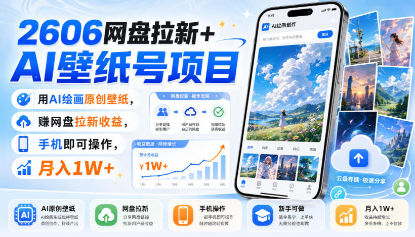 2606网盘拉新+AI壁纸号项目，用AI绘画原创壁纸，賺网盘拉新收益，手机即可操作，月入1W+-沧海聊项目