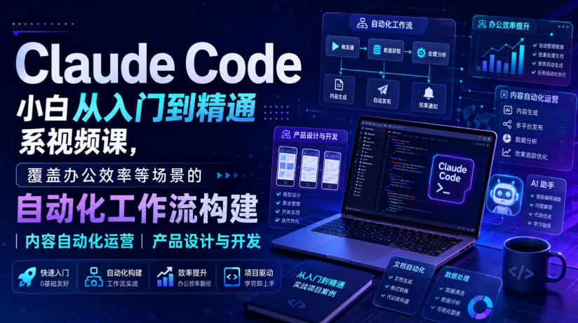 Claude Code小白从入门到精通系视频课，覆盖办公效率等场景的自动化工作流构建|内容自动化运营|产品设计与开发-沧海聊项目