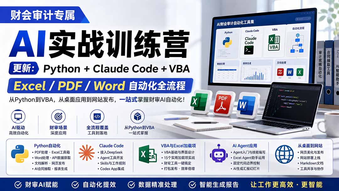 财会审计专属 AI实战训练营：Python+Claude Code+VBA，Excel/PDF/Word自动化全流程 (更新-沧海聊项目
