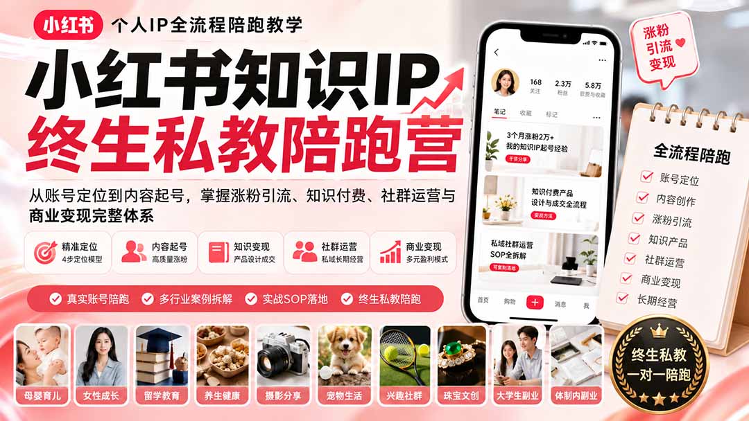 小红书知识IP终生私教陪跑营：从账号定位到内容起号，掌握涨粉引流、知识付费、社群运营与商业变现完整体系-沧海聊项目