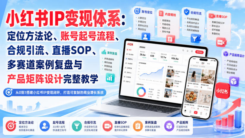 小红书IP变现体系：定位方法论、账号起号流程、合规引流、直播SOP、多赛道案例复盘与产品矩阵设计完整教学-沧海聊项目