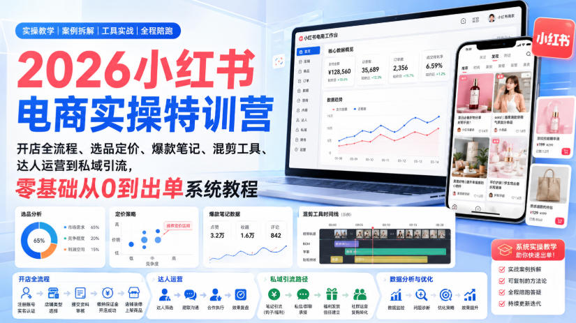 2026小红书电商实操特训营｜开店全流程、选品定价、爆款笔记、混剪工具、达人运营到私域引流，零基础从0到出单系统教程-沧海聊项目