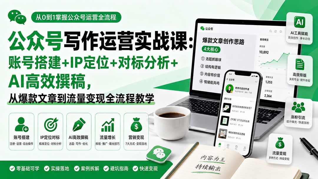 公众号写作运营实战课：账号搭建+IP定位+对标分析+AI高效撰稿，从爆款文章到流量变现全流程教学-沧海聊项目