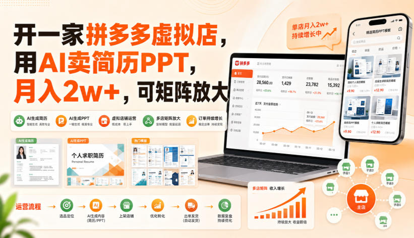 开一家拼多多虚拟店，用AI卖简历PPT，月入2w+，可矩阵放大【揭秘】-沧海聊项目