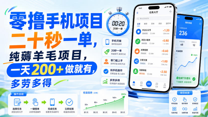 零撸手机项目，二十秒一单，纯薅羊毛项目，一天200+做就有，多劳多得【揭秘】-沧海聊项目