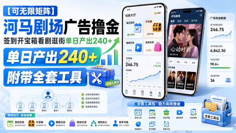【可无限矩阵】河马剧场广告撸金，签到开宝箱看剧逛街单日产出240+，附带全套工具【揭秘】-沧海聊项目