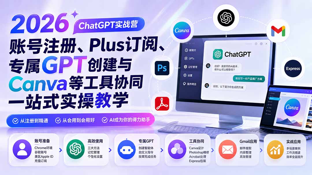 2026 ChatGPT实战营；账号注册、Plus订阅、专属GPT创建与Canva等工具协同一站式实操教学-沧海聊项目