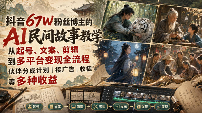 抖音67W粉丝博主的AI民间故事教学，从起号、文案、剪辑到多平台变现全流程，伙伴分成计划接广告等多种收益，月入1W+-沧海聊项目