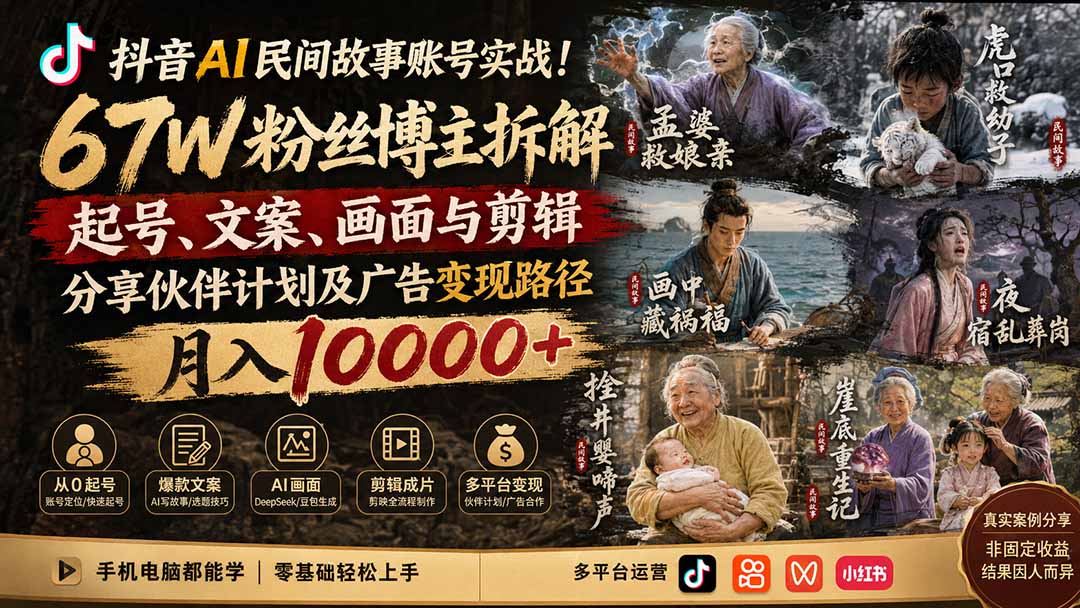 抖音AI民间故事账号实战！67W粉丝博主拆解起号、文案、画面与剪辑，分享伙伴计划及广告变现路径，月入10000+-沧海聊项目