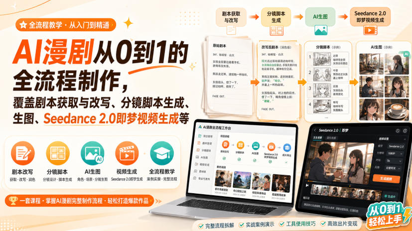 AI漫剧从0到1的全流程制作，覆盖剧本获取与改写、分镜脚本生成、角色场景生图与三视图、Seedance 2.0即梦视频生成(PDF版)-沧海聊项目
