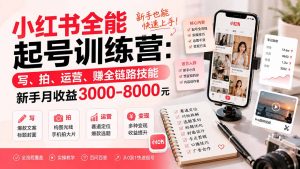 小红书全能起号训练营-更新：写、拍、运营、赚全链路技能，新手月收益3000-8000元-沧海聊项目