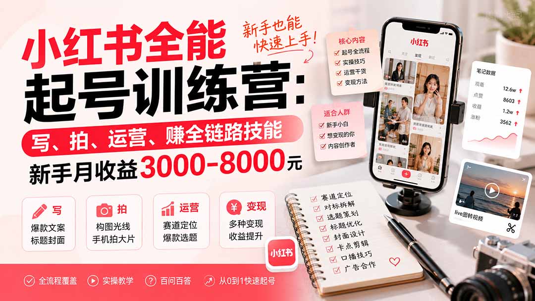 小红书全能起号训练营-更新：写、拍、运营、赚全链路技能，新手月收益3000-8000元-沧海聊项目