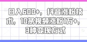 日入600+，抖音涨粉技术，10条视频涨粉1万+，3种变现方式【揭秘】-沧海聊项目