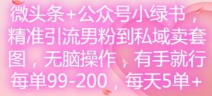 微头条+公众号小绿书,精准引流男粉到私域卖套图,无脑操作,有手就行,每单99-200,每天5单-沧海聊项目