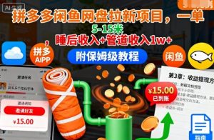 拼多多闲鱼网盘拉新项目,一单5-15米,睡后收入+管道收入1w+(附保姆级教程)-沧海聊项目