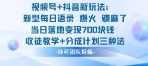 视频号加抖音新玩法：爆火新型每日语录，收徒教学加分成计划，三种变现玩法，当日变现7张-沧海聊项目