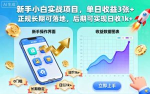 新手小白实战项目，单日收益3张+，正规长期可落地，后期可实现日收1k+【揭秘】-沧海聊项目