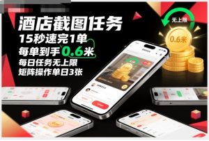 酒店截图任务，15秒速完1单，每单到手0.6米，每日任务无上限，全网首发玩法，矩阵操作单日3张【揭秘】-沧海聊项目